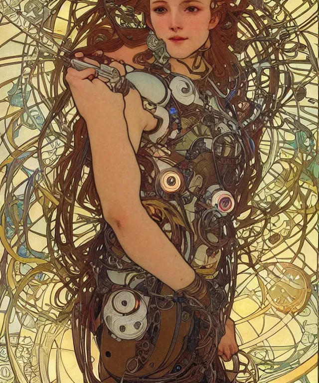 Prompt: realistic detailed portrait of a humanoid mecha cyberpunk! goddess by Alphonse Mucha and Charlie Bowater and art germ, rule of thirds, golden ratio, Art Nouveau! cyberpunk! style, mechanical accents!, mecha plate armor, glowing LEDs, flowing wires with leaves, art nouveau accents, art nouveau patterns and geometry, rich deep moody colors, portrait style with the subject in the middle of the frame