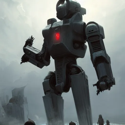 Prompt: a portrait digital painting of crusader robots, matte painting, hyper realistic, very detailed, dramatic scene, realistic lighting, dark fantasy, 4 k, in the style of greg rutkowski,