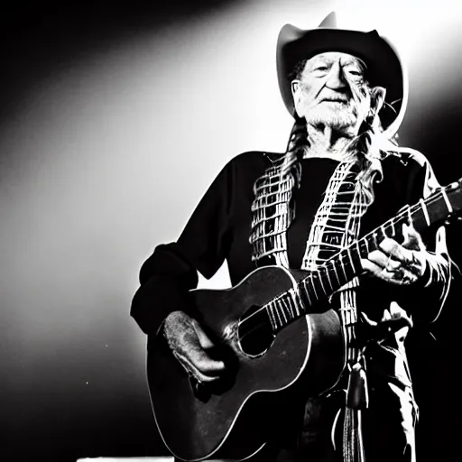 Image similar to willie nelson on stage, four fingers holding guitar. god rays through fog. black and white photo