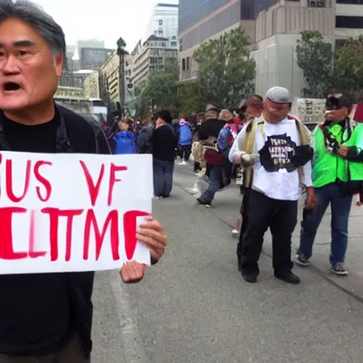 Prompt: frank chu protesting the 1 0 galaxies