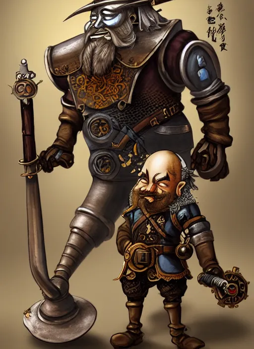 Image similar to an old dwarf musketeer and his large clockwork robot companion, musket, golem, robot, steampunk, ming dynasty, chinese fantasy, fantasy art, realistic, detailed, anatomically accurate, inspired by ghostblade, wlop.