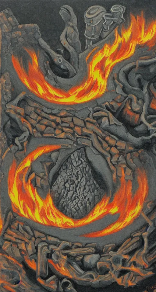 Prompt: escher oil painting of a fire cacomixtle, apocalyptic