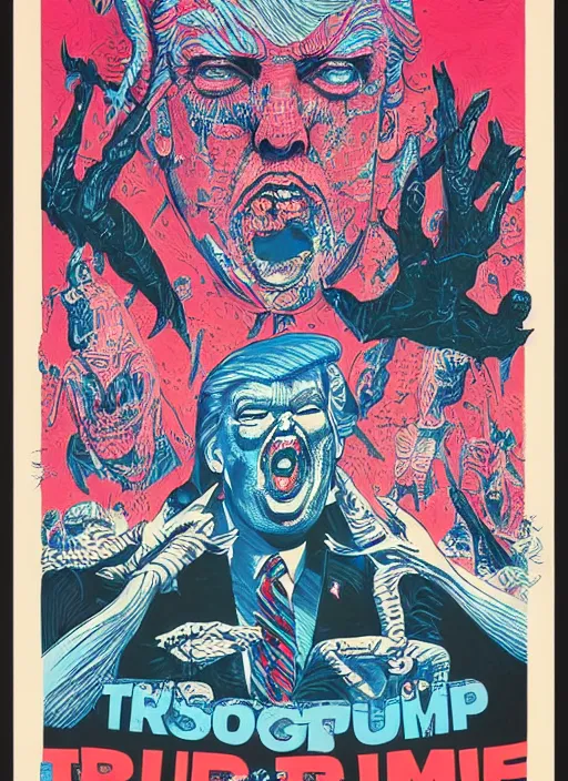 Image similar to risograph of donald trump's grotesque true form revealed, horror, high details, intricate details, by vincent di fate, artgerm julie bell beeple, 1 9 8 0 s, inking, vintage 8 0 s print, screen print