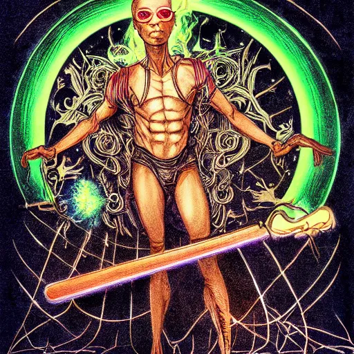 Image similar to highly detailed full body illustration of morpheus the god of dreams with his magical tools, written by neil gaiman