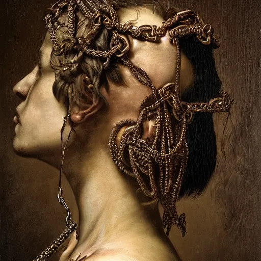 Image similar to Detailed maximalist portrait, exasperated expression, chains though flesh, highly detailed and intricate, surreal illustration in the style of Caravaggio, dark art, baroque,