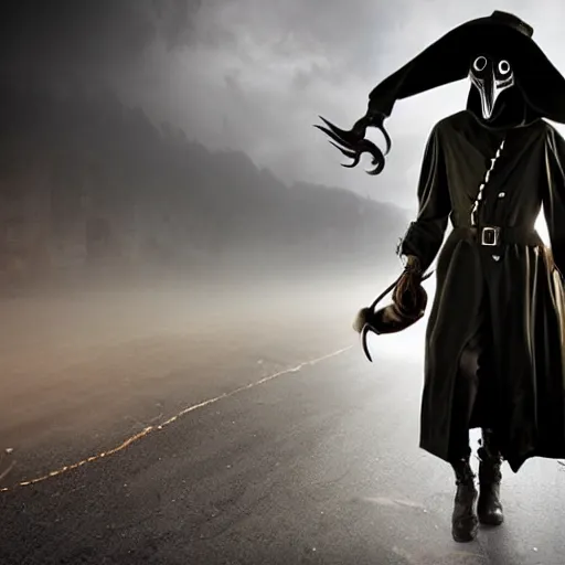 Image similar to epic fantasy plague doctor wearing a trench coat, gritty steampunk aesthetic, dramatic lighting, ultra hd