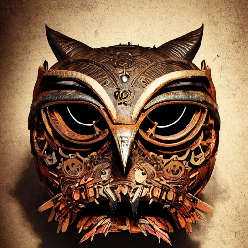 Image similar to steampunk tribal mask, owl, japanese pottery, vivid colors, wood, metal, intricate details, trending on cgsociety, concept art, glowing eyes, sharp focus, ultra realistic details, cinematic atmosphere, global illumination, shadows