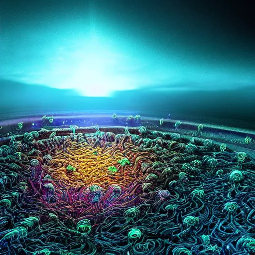 Image similar to Extremely detailed beautiful ultra wide-angle super-resolution microscopy image of micro detailed neurons visible to the horizon, shallow depth of field, photoreal, vivid colors, micro details, chromatic abberation, 8k, 3d sculpture, unreal engine, Dan Mumford