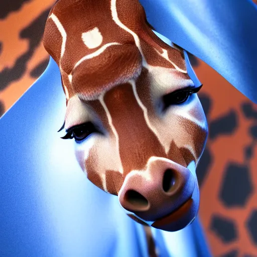 Image similar to a highly detailed portrait of a humanoid giraffe in a blue cloak, close - up, adventurer, artstation, deviantart, professional, unreal engine 5, octane render