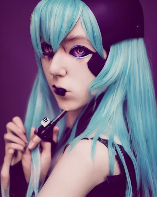 Image similar to official cosplay photo of mature attractive Hatsune miku smoking cigarette tired and angry by Alex Ross giger sorayama frank miller trending on Flickr cinematic backlit smoke noir technoir shot with Leica zeiss