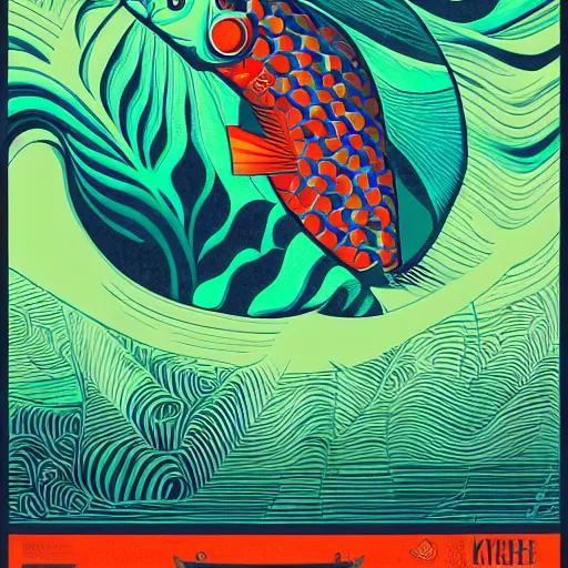 Image similar to one stylized fish in center of view, viewed in profile, dark ocean, complex patterns, artstation, intricate, realistic, highly detailed, digital painting, concept art, sharp focus, illustration by tom whalen and charles williams and kilian eng and james jean