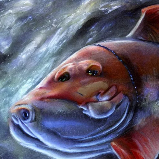 Image similar to salmon hybrid chimera with salman rushdie's face swimming in a river