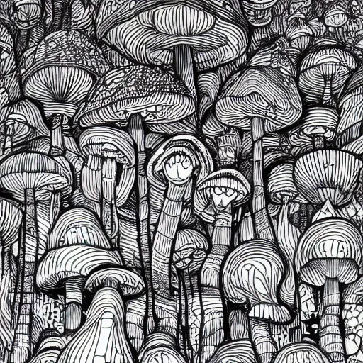 Image similar to Geometrically surreal mushroom city, extremely high detail, photorealistic, intricate line drawings, dotart, album art in the style of James Jean