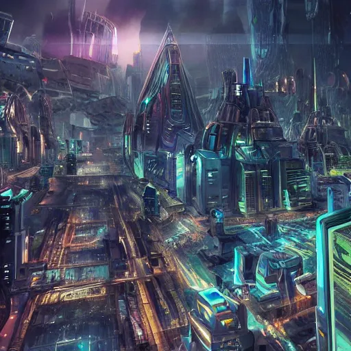 Image similar to a scene of the beautiful intricate epic futuristic city with a cyber sphinx, small hovering cyber pyramids, hyper detailed, cinematic lighting