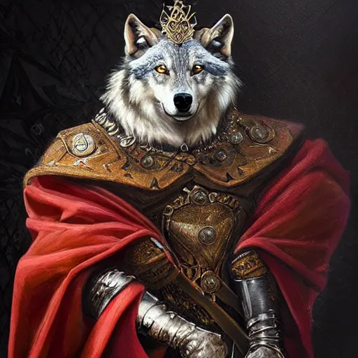 Prompt: “an oil painting portrait of a wolf wearing medieval royal robe and an ornate crown on a dark background” digital Art, concept Art, highly detailed, 3-D 4K, trending on art station, Award winning, Mark Brooks,