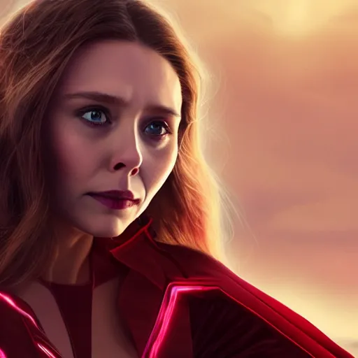 Image similar to movie still of elizabeth olsen as the scarlet witch afloat!!!!! in the air with red glowing eyes, emanating red magic!!!!! from her palms, full - body portrait, trending on artstation, 8 k quality, cgsociety contest winner, artstation hd, artstation hq, luminous lighting, beautiful cloudy atmosphere