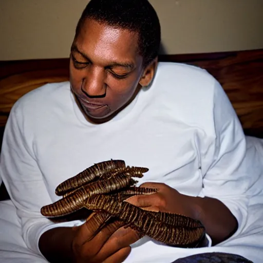 Image similar to john coltrane snuggling one giant mealworm in bed
