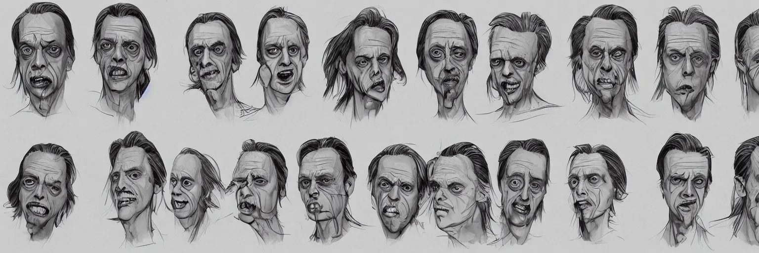 Image similar to character study of steve buscemi and gary busey, clear faces, wild, crazy, character sheet, fine details, concept design, contrast, kim jung gi, pixar and da vinci, trending on artstation, 8 k, full body and head, turnaround, front view, back view, ultra wide angle