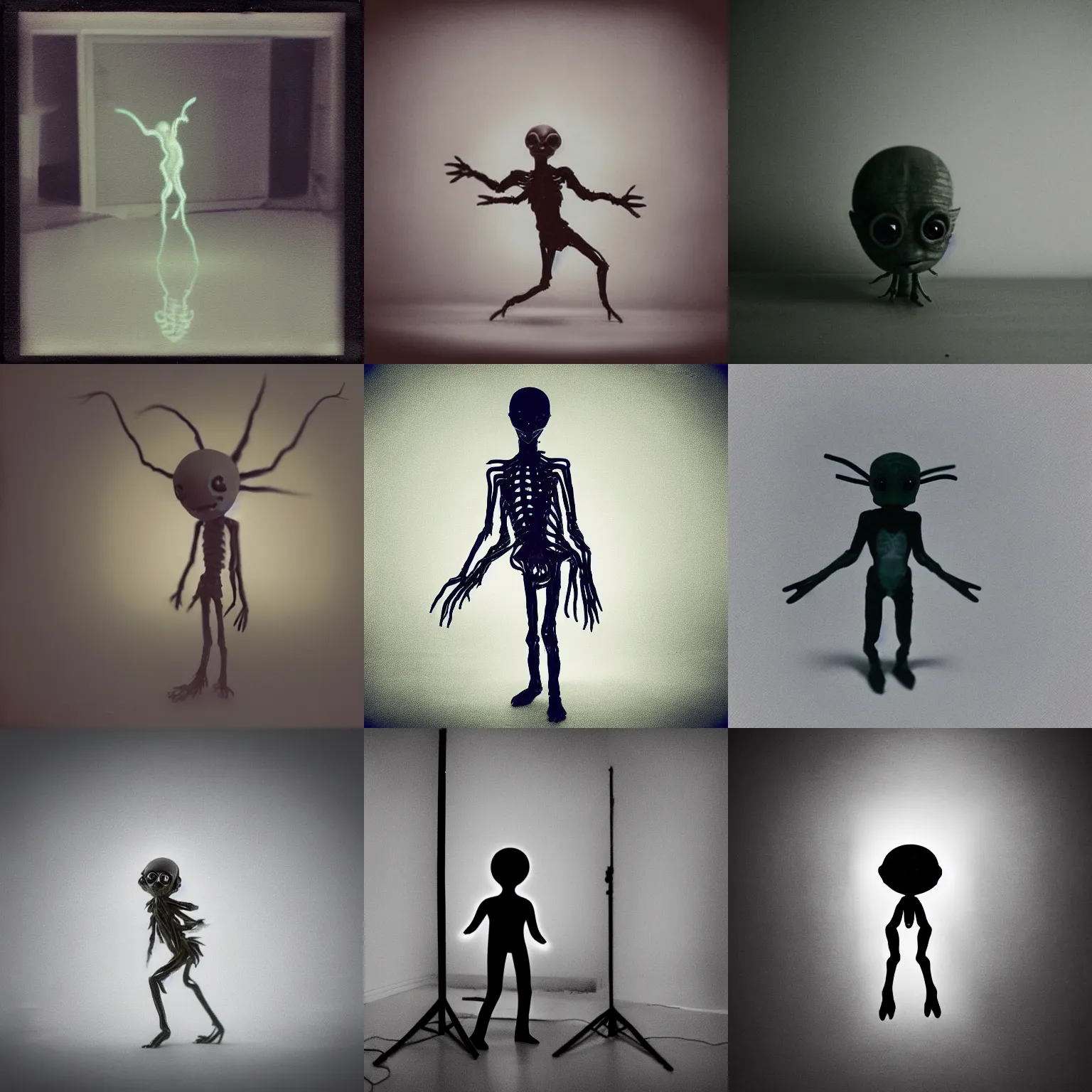 Prompt: cute glowing tiny guy creature, weird silly alien boy with beady black eyes, prancing around in an empty room. spiritual eerie creepy picture, spindly faceless ethereal imp sprite, studio lighting, polaroid, grainy photograph