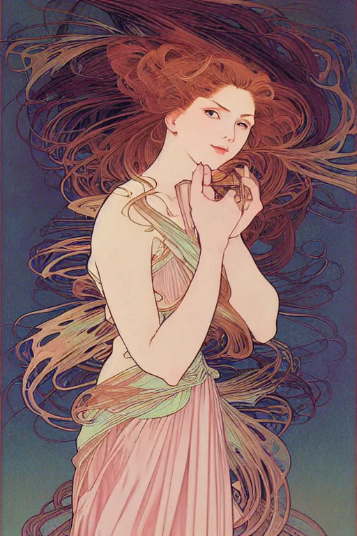 Image similar to beautiful portrait pastel painting of a female, blush, pleated skirt, flowing hair, slim face, elegant, alphonse mucha, by yoichi hatakenaka, masamune shirow, josan gonzales and dan mumford, ayami kojima, takato yamamoto, barclay shaw, karol bak, yukito kishiro