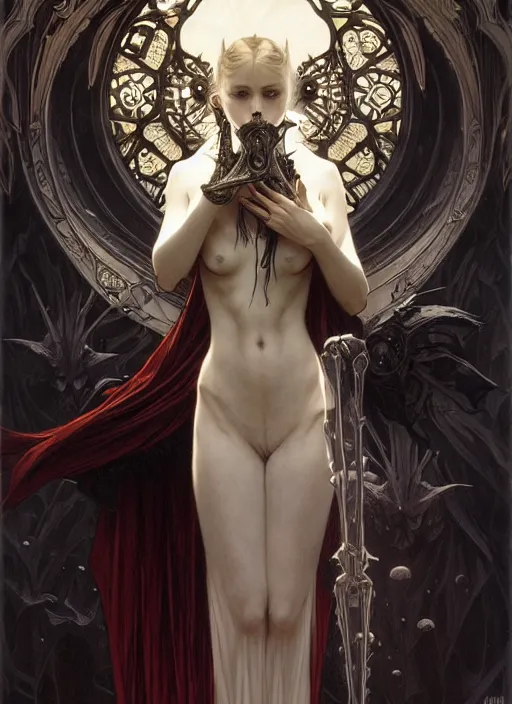 Image similar to masterpiece, ephemeral vampire girl concept art, stylized, doom, elegant, imperial, epic, intricate art by artgerm, alphonse mucha, h. r. giger, greg rutkowski, josan gonzalez, zdizslaw beksinski, gothic darkness, melacholy