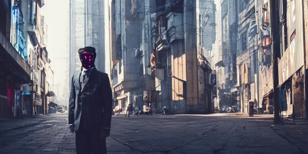 Image similar to man dressed in the directoire style in a cyberpunk city, photograph, cinematic, top down camera, rgb,