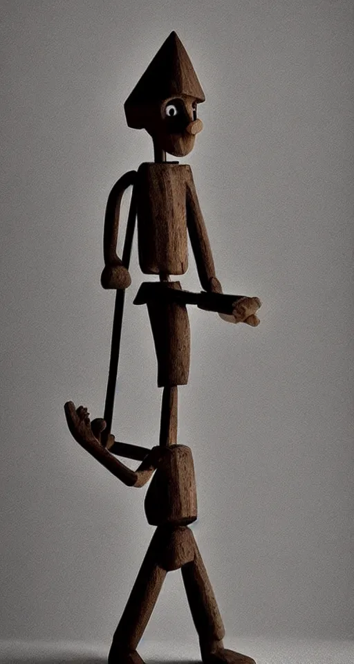 Image similar to a little wooden boy like pinocchio, dark style by alberto mielgo