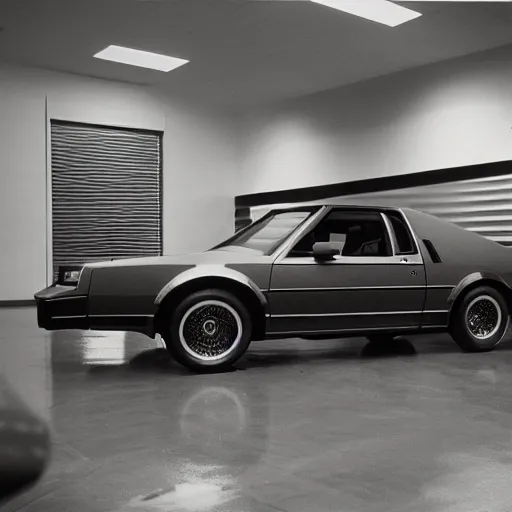 Image similar to 1980 Grand National GNX, inside of an auto dealership, ektachrome photograph, volumetric lighting, f8 aperture, cinematic Eastman 5384 film