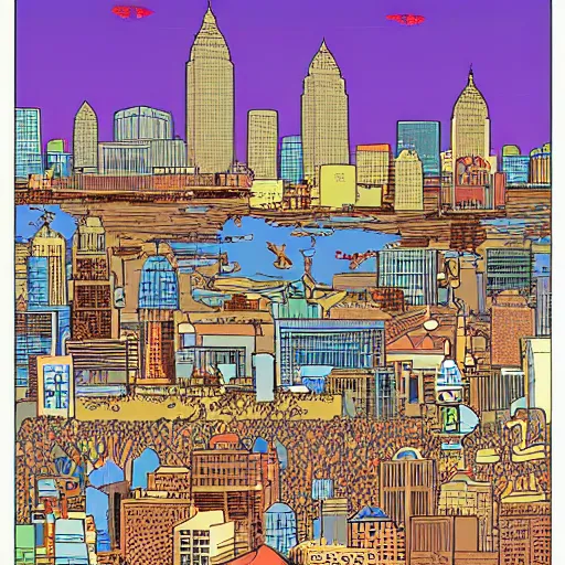 Prompt: cleveland skyline in the style of Geof Darrow