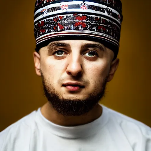 Image similar to buba corelli amar hodzic bosnian rapper, in traditional bosnian male clothing, fez, photorealistic