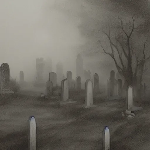 Image similar to an eerie graveyard with ancient tombstones, misty, strands of fog, creepy, night lighting, finely detailed black and white pencil drawing