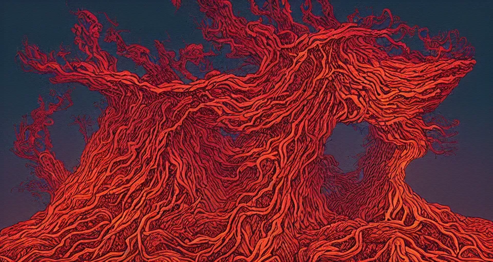 Image similar to a volcano made of ivory vines and crimson rocks enters in eruption, it spits a smoke in the shape of demonic eye, by Dan mumford,