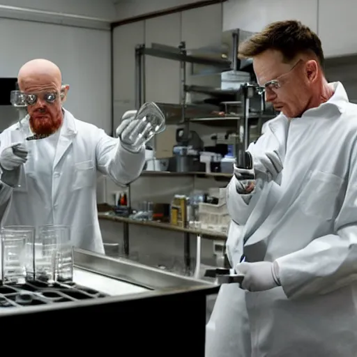 Image similar to elon musk and walter white cooking meth in a laboratory, amazing detail, detailed faces, sharp, 8k