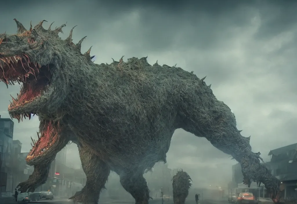 Image similar to vfx color film closeup, huge behemoth monster creature beast by aaron sims, in residential street, low - key lighting award winning photography arri alexa cinematography, hyper real photorealistic cinematic beautiful, atmospheric