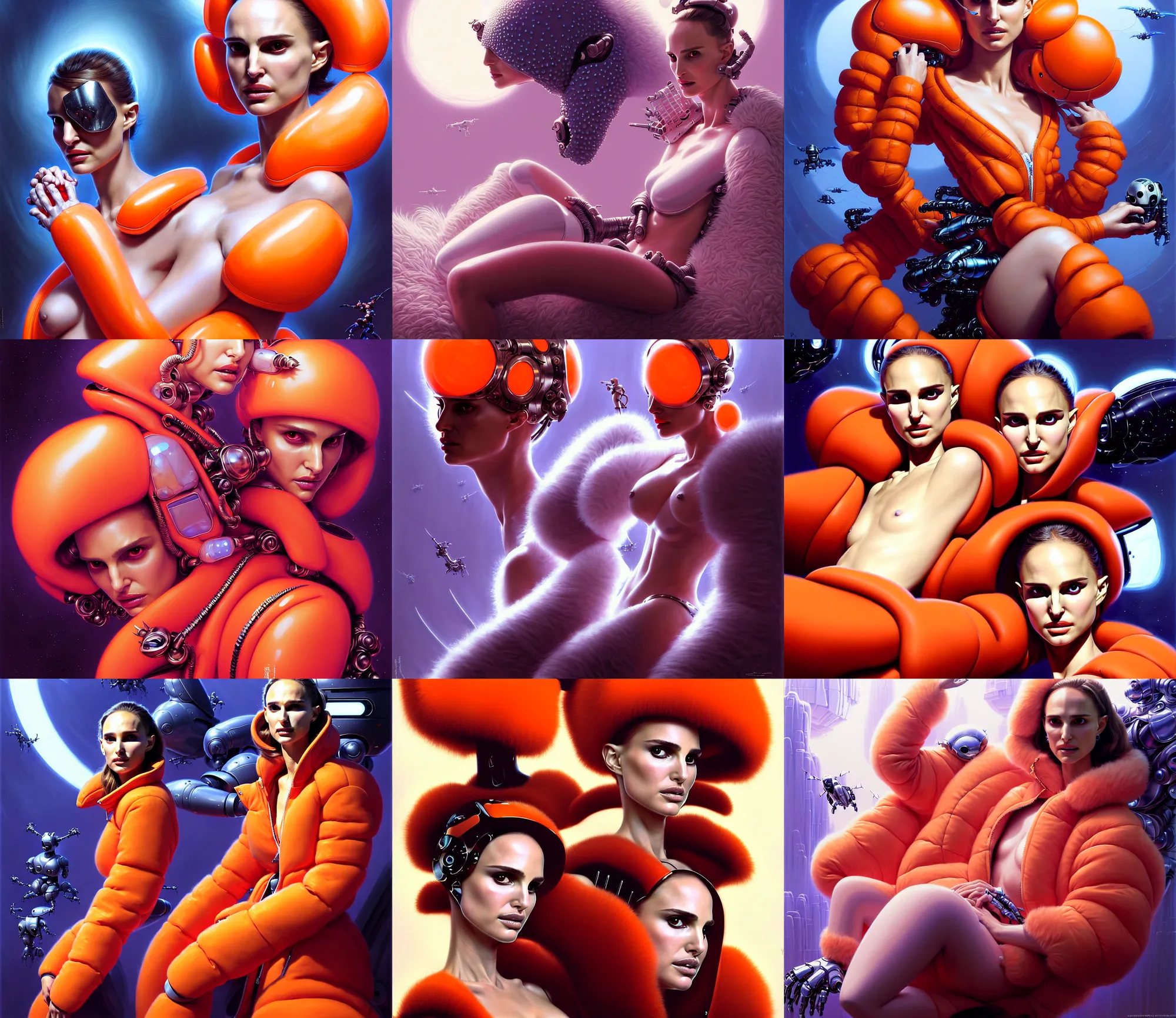Prompt: beautiful fantasy character portrait, natalie portman, wearing orange puffy bomber jacket with white fur, seductive reclining pose, futuristic chrome drones, ultra realistic, dark dramatic lighting, robots, the fifth element artifacts, highly detailed by peter mohrbacher, hajime sorayama, wayne barlowe, boris vallejo, aaron horkey, gaston bussiere, craig mullins