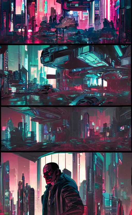Image similar to Sci-Fi cyberpunk Comic page made up of art by the best artists Trending on Artstation. Dynamic, delirious, creative panel style by Bill Sienkiewicz. Heavy chromatic abberation. Visual distortion. Octane render, Raytracing, 3d masterpiece, fantastic lighting by James Gurney. Noir detective genre.