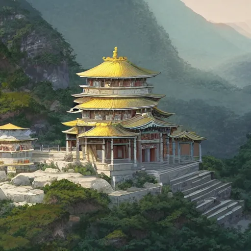 Image similar to concept art painting of a marble temple on top of a mountain, with greek and japanese architecture, overlooking a village in a valley, early morning, realistic, detailed, cel shaded, in the style of makoto shinkai and greg rutkowski and james gurney