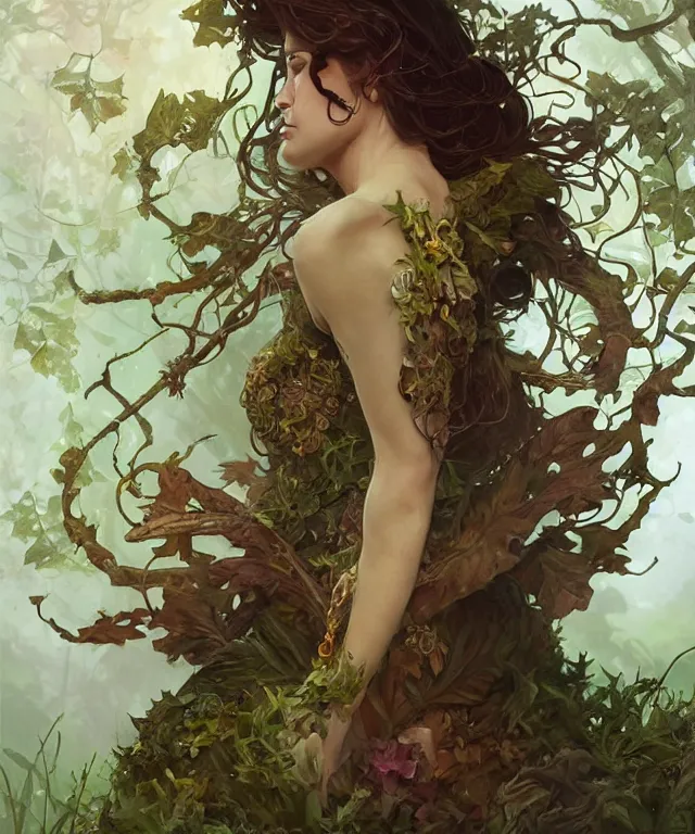 Prompt: a woman spore druid with leaf and vine themed clothing, fully clothed, glowing energy, D&D, fantasy, intricate, cinematic lighting, highly detailed, digital painting, artstation, concept art, smooth, sharp focus, illustration, art by Artgerm and Greg Rutkowski and Alphonse Mucha