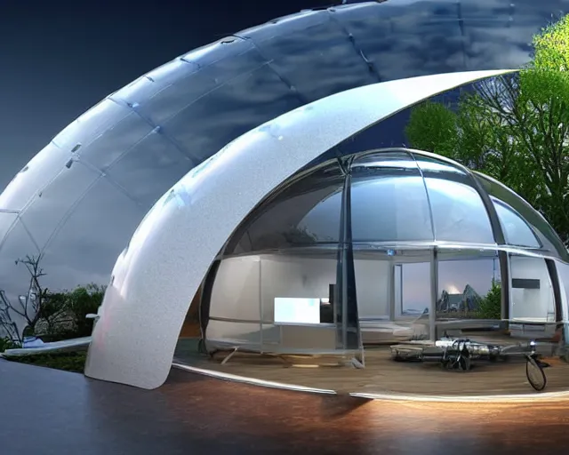 Image similar to futuristic innovation. modular dome house. there is a city on a cloud. floating over the city. mycelial