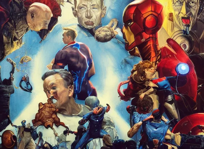 Prompt: a still from the movie avengers : endgame by of francis bacon, surreal, norman rockwell and james jean, greg hildebrandt, and mark brooks, triadic color scheme, by greg rutkowski, in the style of francis bacon and syd mead and edward hopper and norman rockwell and beksinski, dark surrealism, open ceiling