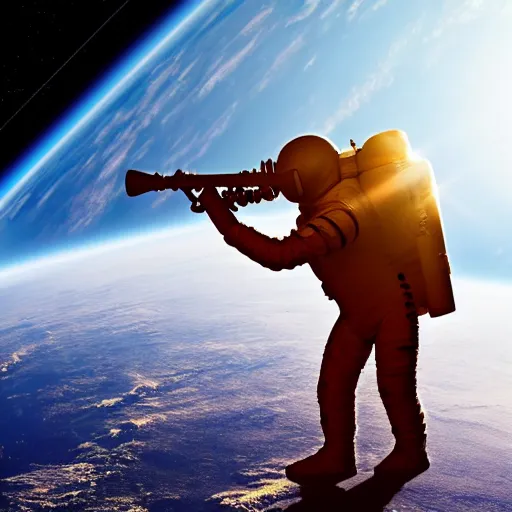 Prompt: astronaut using a saxaphone in space, earth, 4k photography, space