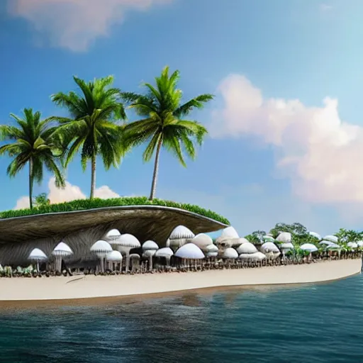 Image similar to architectural renderings, a seaside visitor center consisting of three mushroom - shaped buildings on the blue sea with tall coconut trees ， detailed