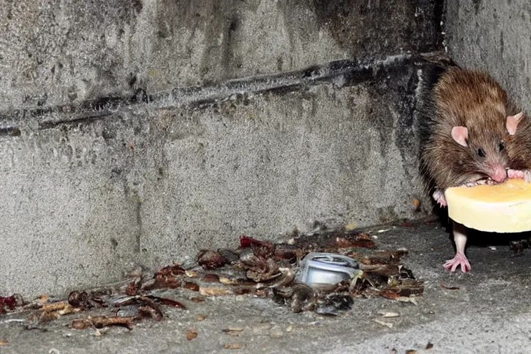 Image similar to a mutant disgusting rat eating cheese in a sewer, photograph, terror, horror, mutant,