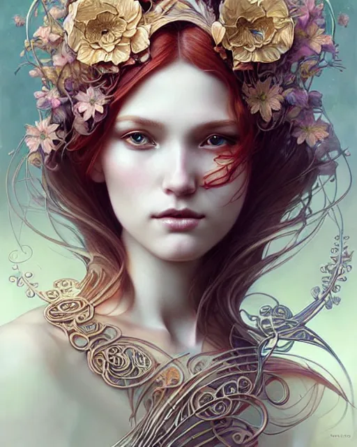 Image similar to Beautiful and playful ethereal ginger portrait, art nouveau, fantasy, intricate flower designs, elegant, highly detailed, sharp focus, art by Artgerm and Greg Rutkowski and WLOP