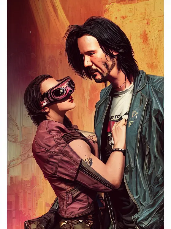 Image similar to a cyberpunk 2077 couple portrait of Keanu Reeves and V ,love story ,film lighting,by laurie greasley,Lawrence Alma-Tadema,William Morris,Dan Mumford,trending on atrstation,full of color,Digital painting,face enhance,highly detailed,8K, octane,golden ratio,cinematic lighting