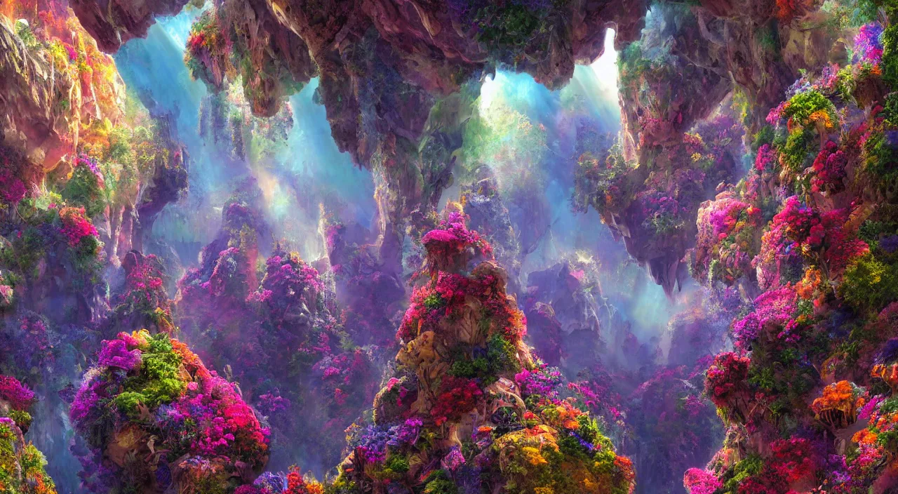 Image similar to biological crystallographic lattice bridging megastructure, in a canyon with flowers and lots of colors, by jack oliva - rendler, by glenn small, by albert bierstadt, photorealistic, zaha hadid, god rays, volumetric lighting, detailed, extremely intricate, raytrace, octane, light fog, neon