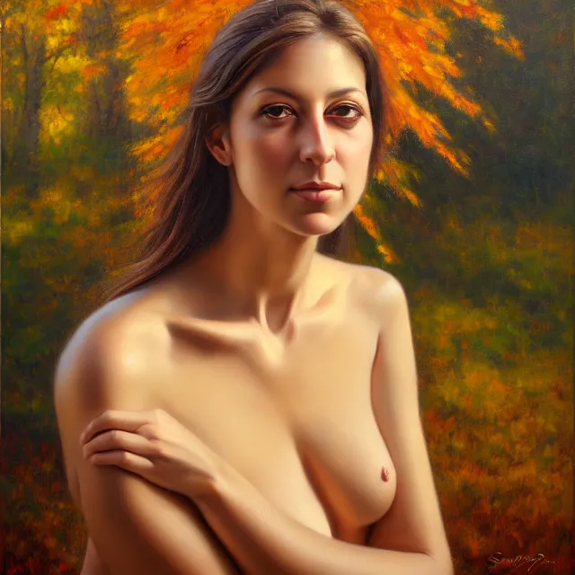 Image similar to stunning serene portrait of Sara Jay by Mark Arian, oil on canvas, masterpiece, realism, piercing gaze, autumn bokeh