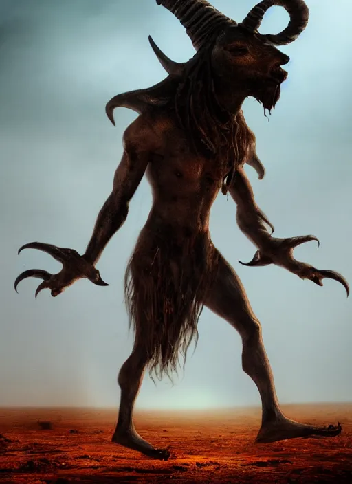 Image similar to terrific jinn demon in middle of desert with hoof on his feet and goat face with long cloth, horror, dark atmosphere, harsh lighting, cinematic lighting, scary, award wining art, artstation, high details, concept art, 4 k