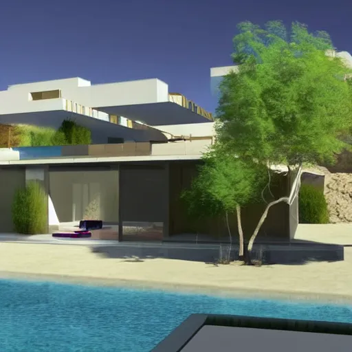 Prompt: architectural rendering of habitat 6 7 in the desert, biophilia mood, pool, garden