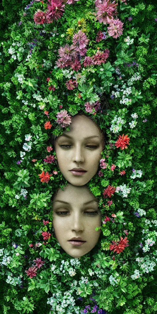 Image similar to an aerial view beautiful garden forming the face of a beautiful goddess, hyperrealism, 8 k, octane render, dramatic lighting, trending on artstation